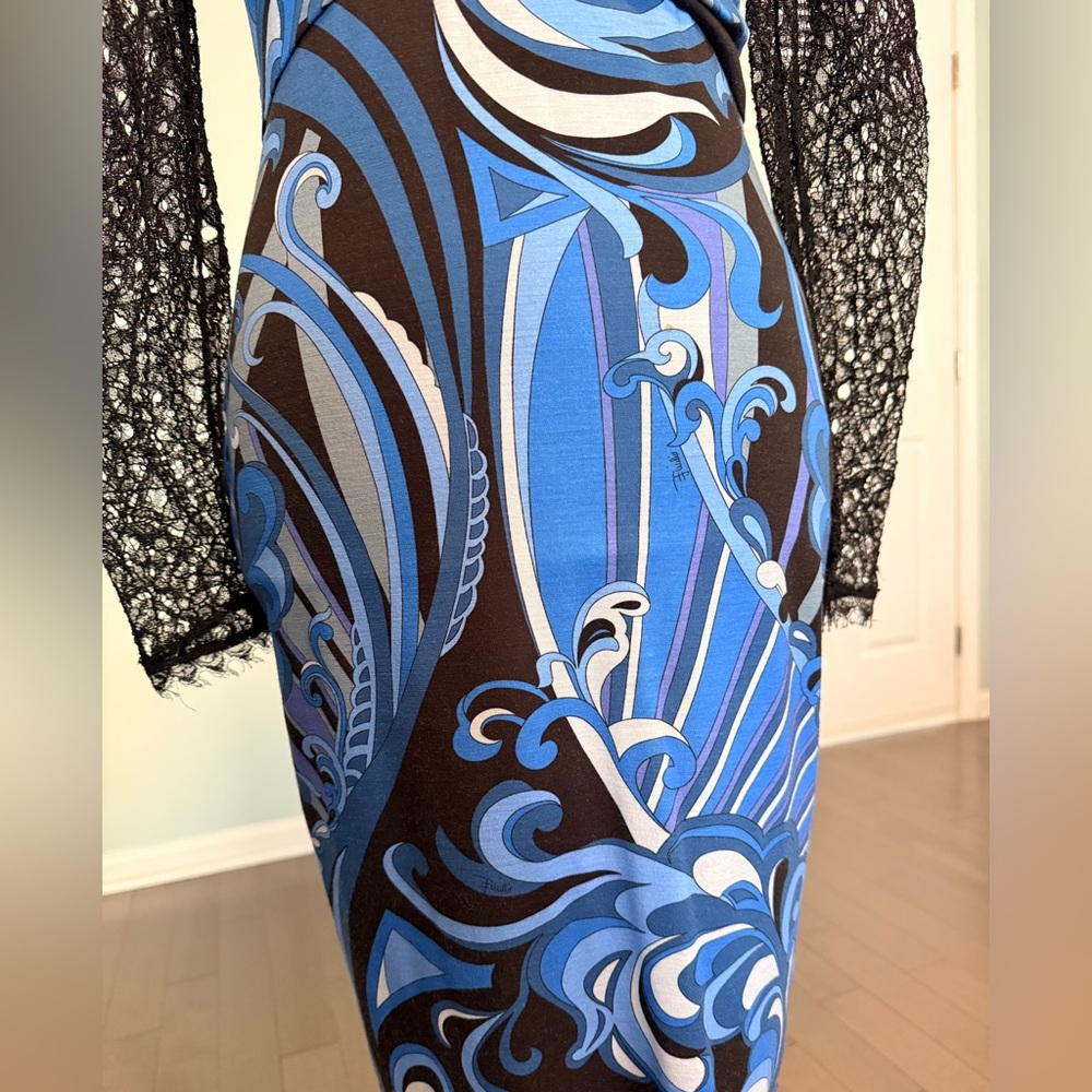 Emilio Pucci Black and Blue Wool Blend Dress w/ Lace Sleeves - Picture 6 of 7